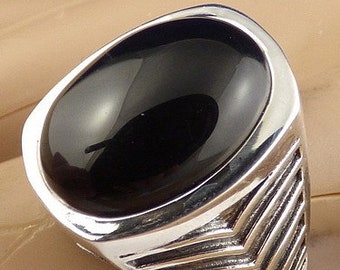 MEN'S RING Black Onyx knight for men, natural stone jewelry silver protection BEE52