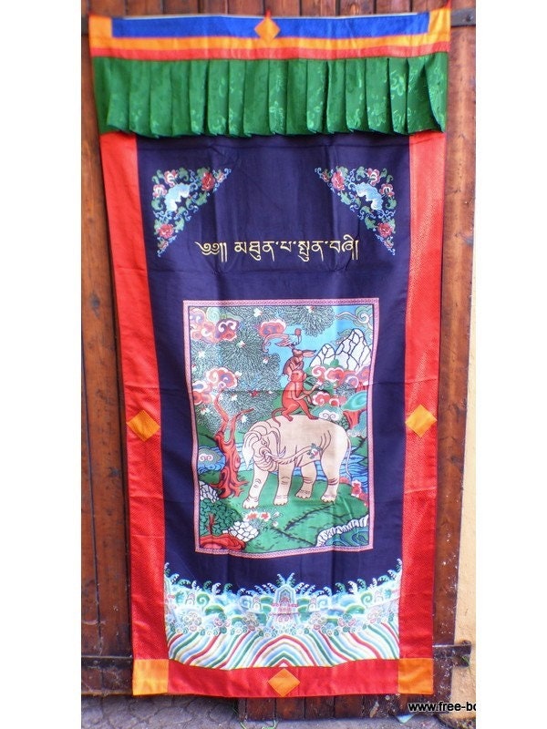 Tenture Bouddhiste Bhoutanaise en Soie Sauvage et Coton, Motif 4 Amis, Tenbo3.1