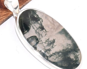 MOSS AGATE oval PENDANT, 925 silver natural stone jewelry BK8