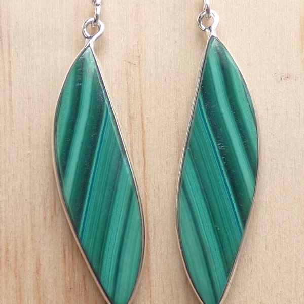 BOUCLES D'OREILLES MALACHITE pendantes forme larme argent 925, YM48.3