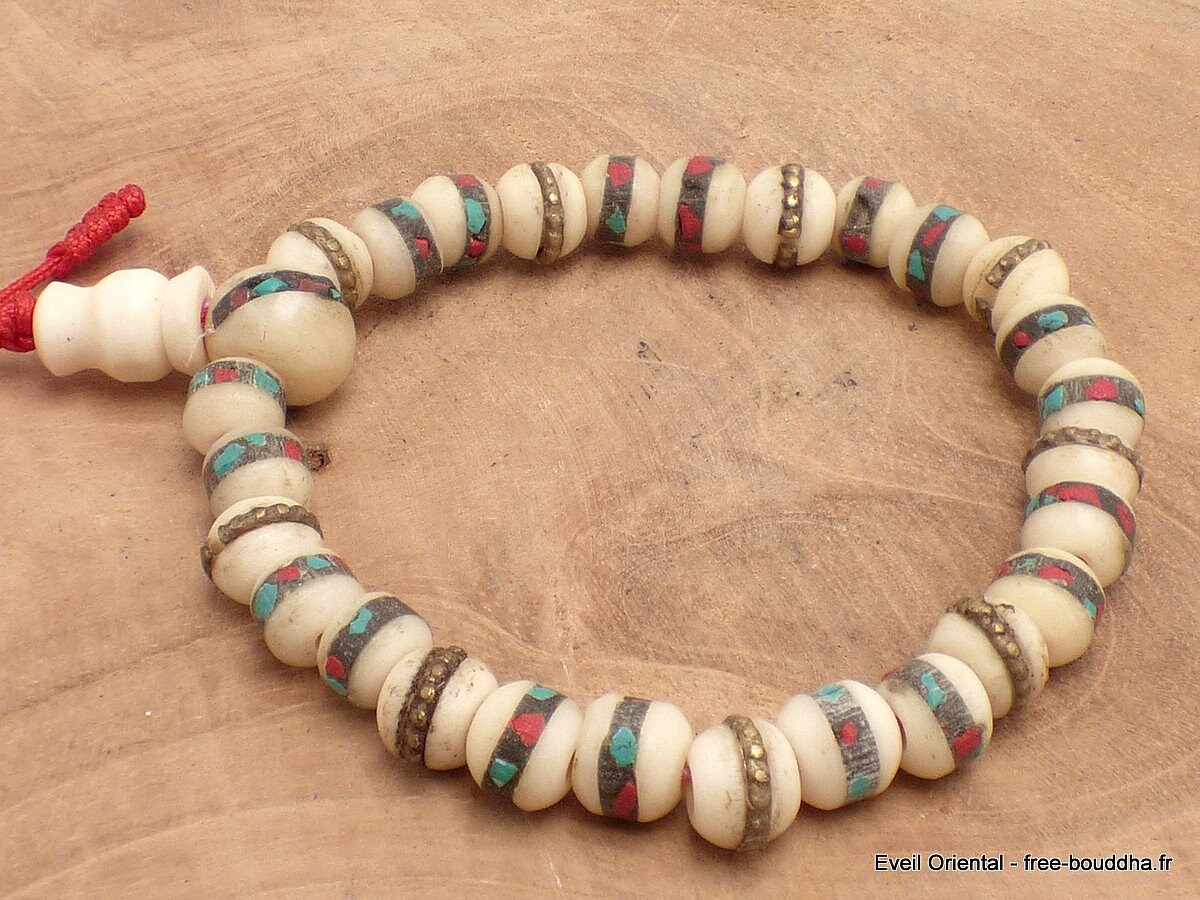 Bracelet Mala Bouddhiste, Bracelet Méditation, Rituel Bouddhiste, Tibetain Os de Yak Bb24.1