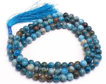BUDDHISTISCHE MEDITATIONSMALA Authentischer blauer Apatit 108 Perlen, MADP2