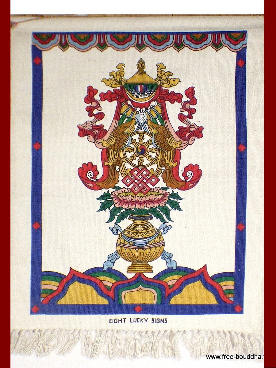 Tenture Bouddhiste Tibétaine Écrue 8 Signes Auspicieux Coton Épais, Ttce2