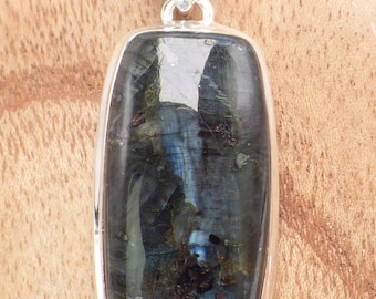 Bijou LARVIKITE PIERRE de LUNE noire pendentif oval argent 925, YM12.2