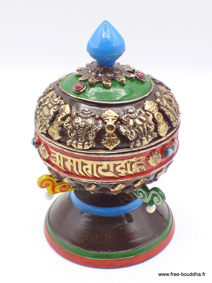 Moulin à Prières Tibétain Fait Main en Cuivre Coloré, Mapt11