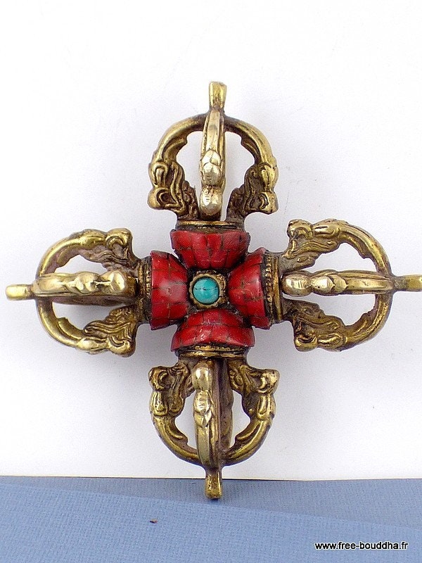 Double Dorjé Vajra Bouddhiste 4 Branches Laiton et Corail, Dble25