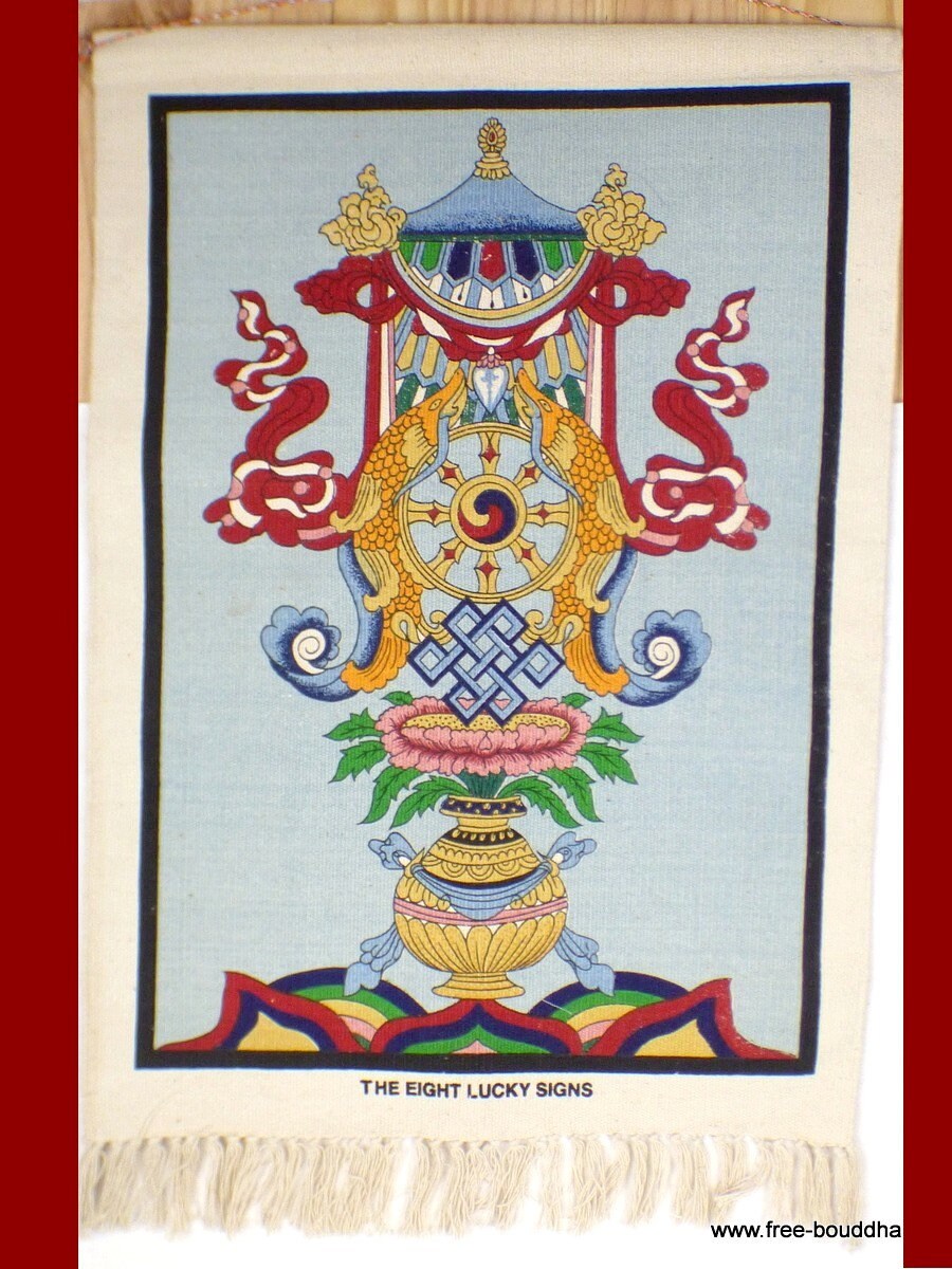Tenture Murale Bouddhiste Tibétaine Bleue 8 Signes Auspicieux Coton Épais, Ttce3