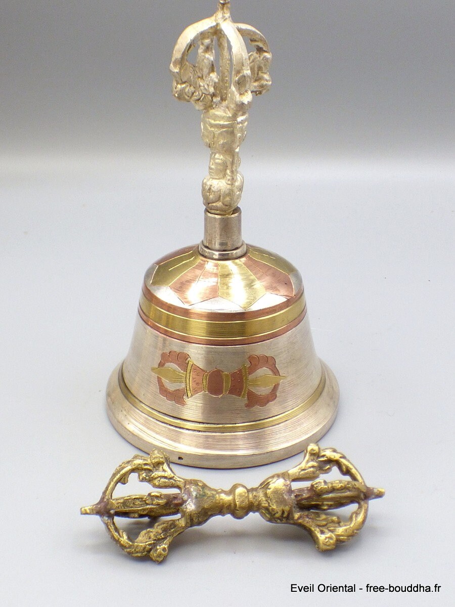 Cloche et Dorje Tibétain Bouddhiste Bronze Plaqué Argent Symboles Bouddhistes Cedor6