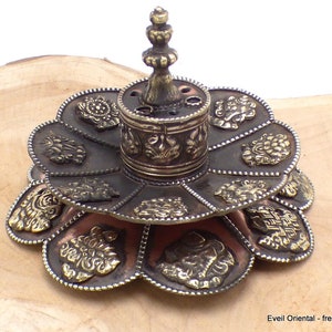 TIBETAN INCENSE HOLDER aged copper double lotus incense burner, AA25.6