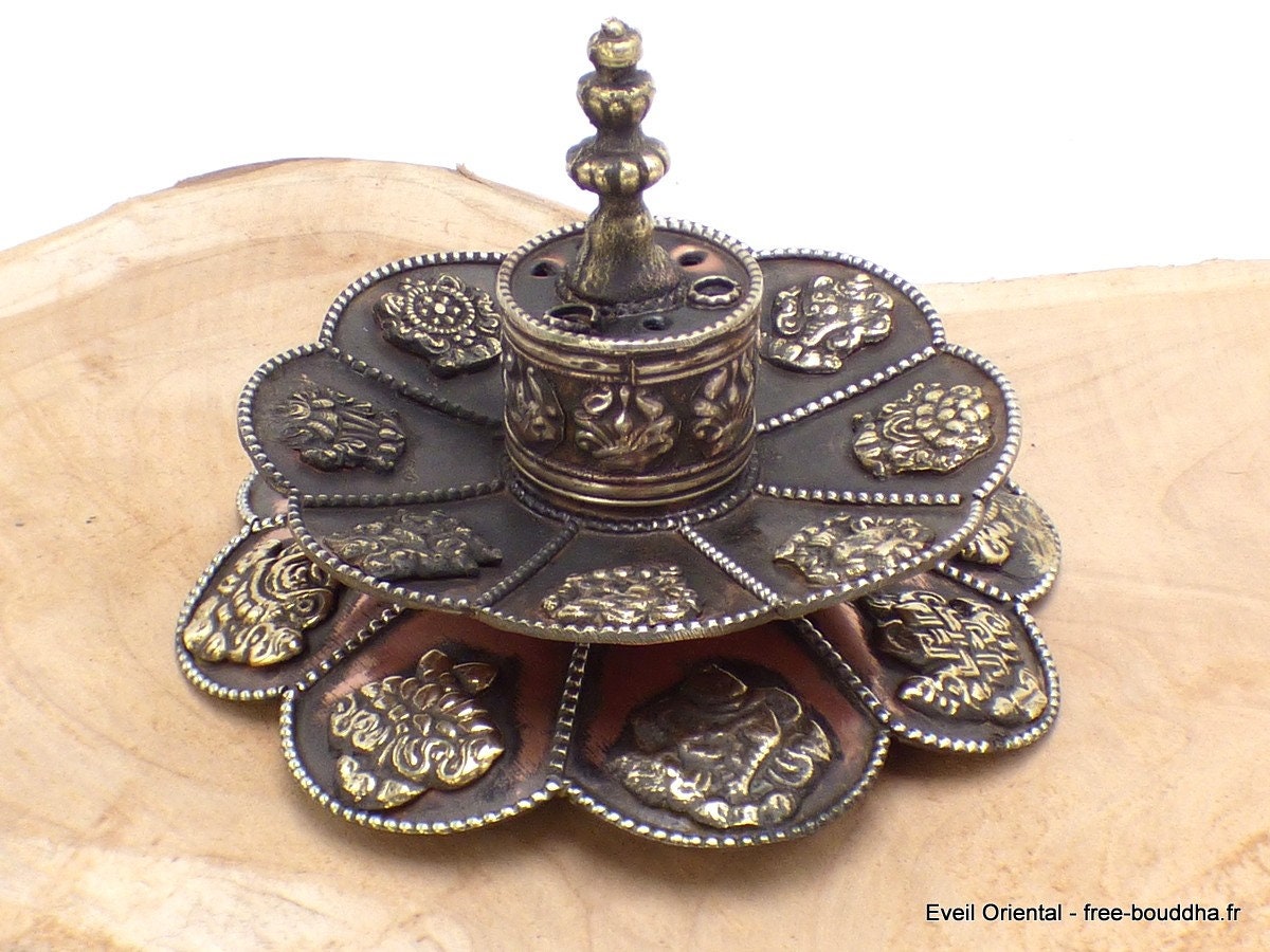 TIBETAN INCENSE HOLDER aged copper double lotus incense burner, AA25.6