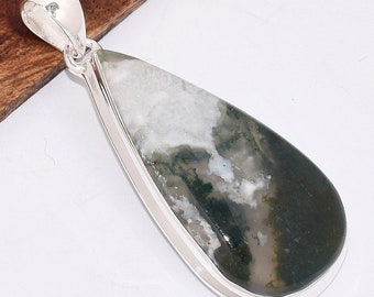 MOSS AGATE PENDANT drop shape, 925 silver natural stone jewelry BK8.1