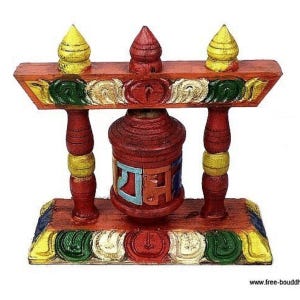 Tibetan prayer wheel in carved wood, Buddhist prayer wheel, Buddhist rituals, om mani pedme houm, ref 6405.5
