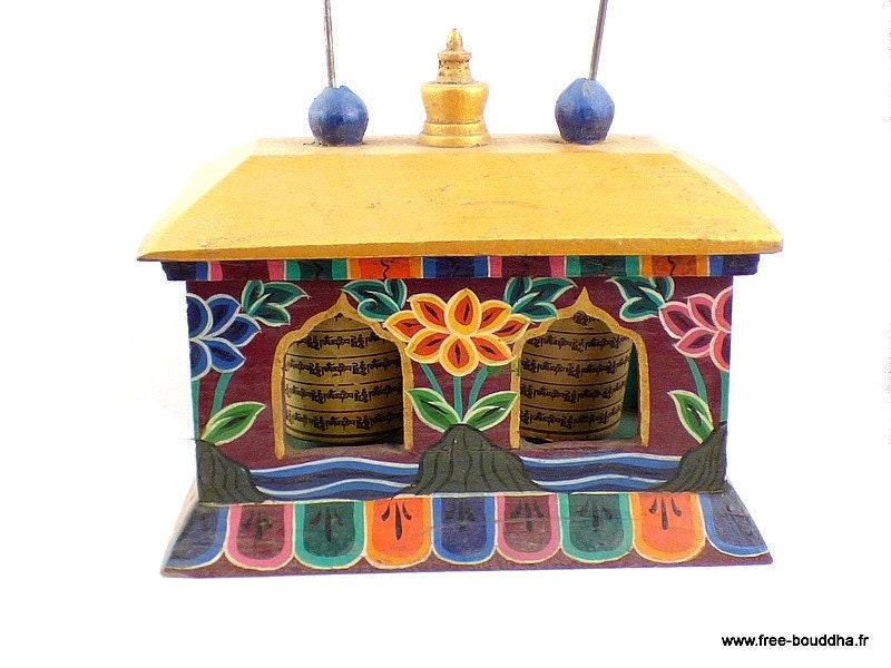 Rare Moulin à Prières Bouddhiste en Bois Peint 2 Moulins, Mapt7