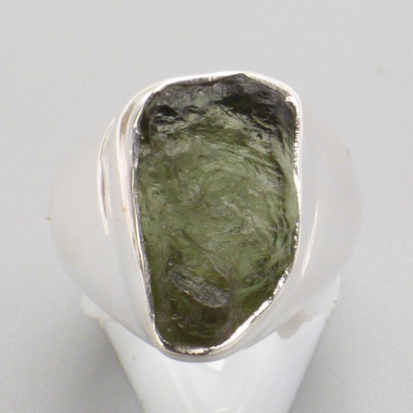 BAGUE CHEVALIERE HOMME femme Moldavite brute argent 925 taille 54, YM41.1