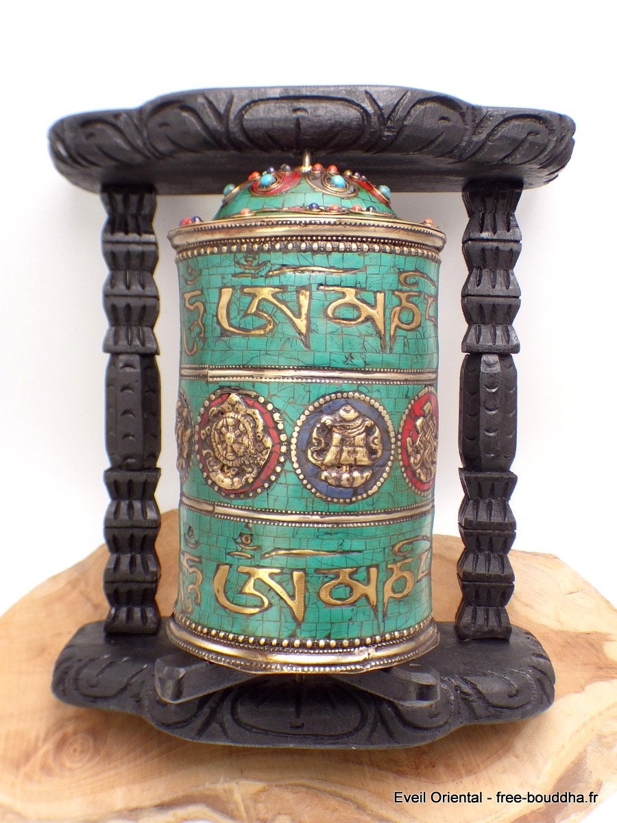 Gros Moulin A Prieres Tibetain Bouddhiste Mural 25 cm Mantla Signes Auspicieux, Tgmp3