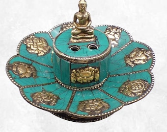 TIBETAN INCENSE HOLDER Lotus in copper and turquoise, PETU1