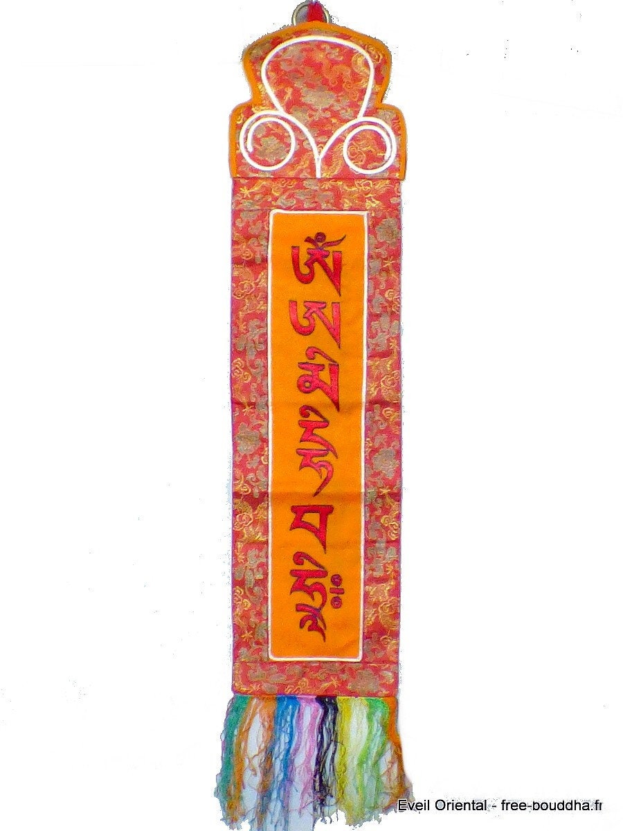 Tenture Tibetaine Sept Chakras Safran Rouge Brodée Main, Ten7C1