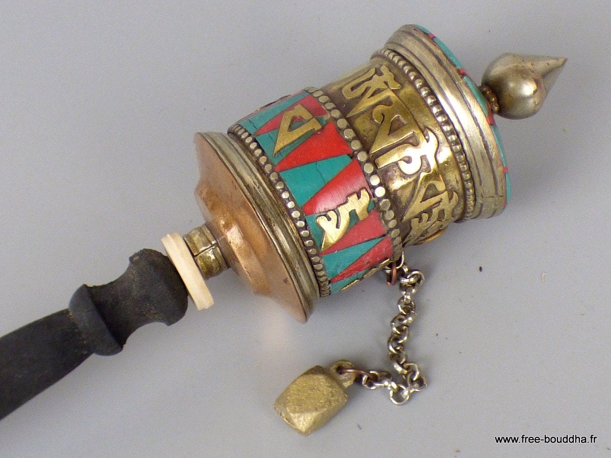 Moulin à Prieres Bouddhiste Main 22 cm Metal Pierres Fantaisie, Moul2