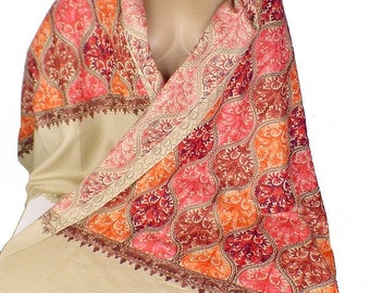 Ethnic oriental style shawl beige red orange in embroidered wool, CEO2