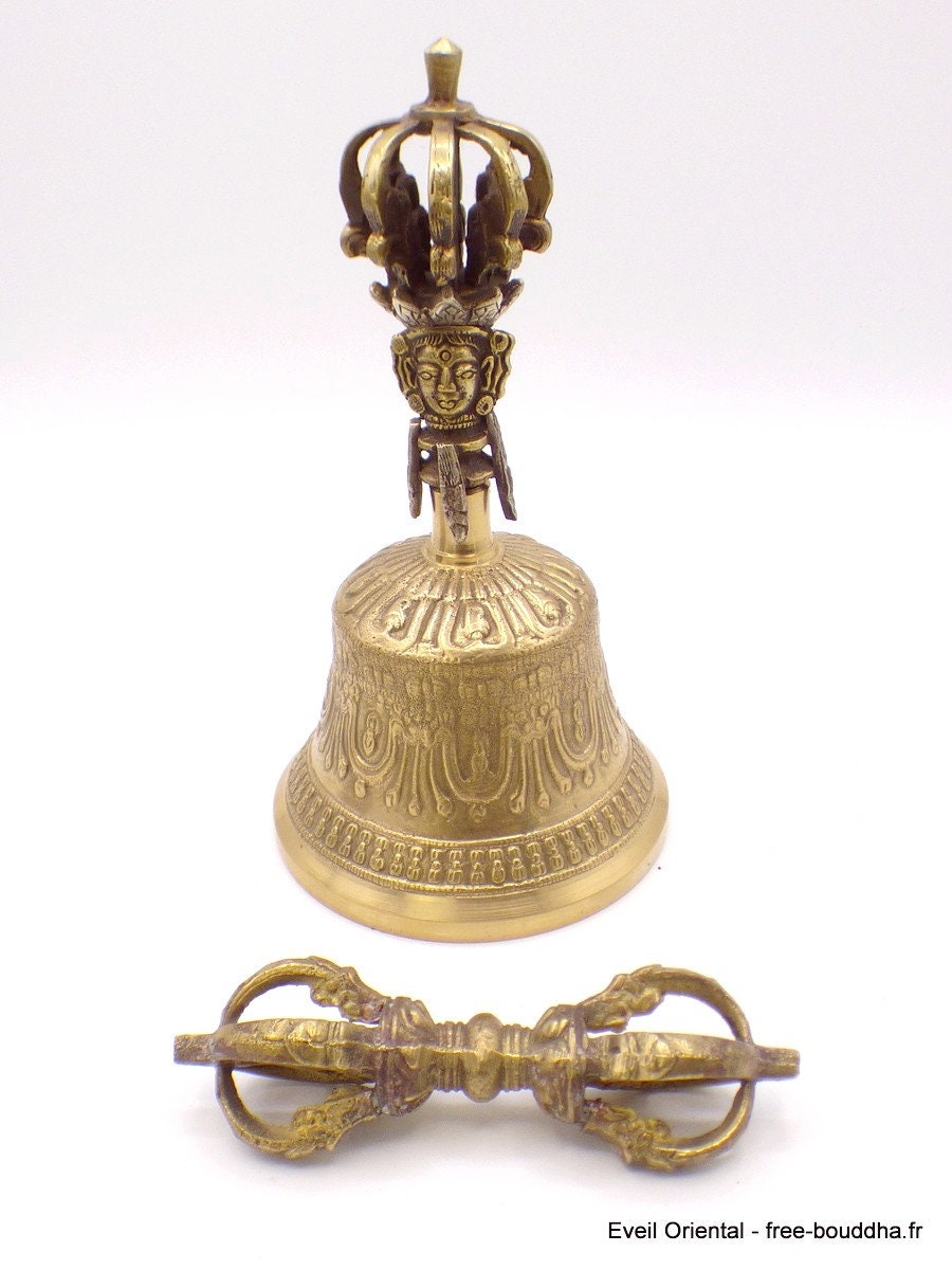 Cloche Dorje Tibetain 18 cm en Bronze Patine Or, Ceremonie Temple Rituel Cedor11