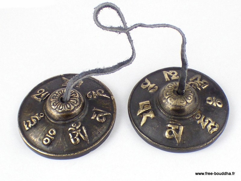 Tingshas Tibetaines en Bronze Gravées Main, Tinghas Bouddhiste Ceremonie Temple Rituel Tibetain 6.5 
