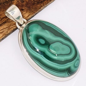 AUTHENTIC MALACHITE oval pendant 925 silver, BK3
