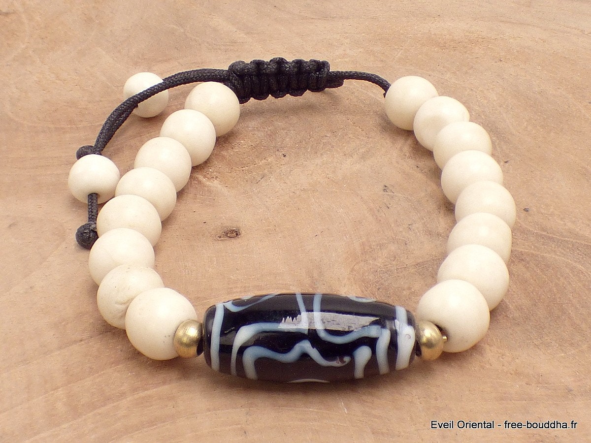 Bracelet Mala Tibetain Os de Yak Perle Dzi, Meditation Bijou Tibetain Bouddhiste Ethnique Brtib8