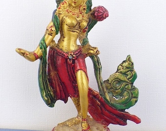 Small standing Green Tara statuette hand painted in gold, Buddhist statuette, pstv2