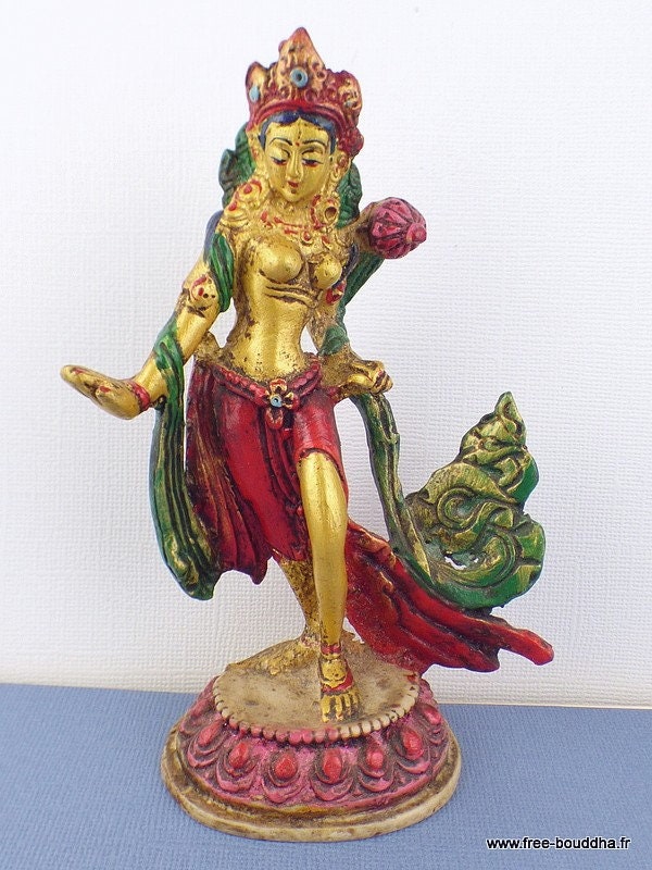 Petite Statuette Tara Verte Debout Peinte en Doré à La Main, Bouddhiste, Pstv2