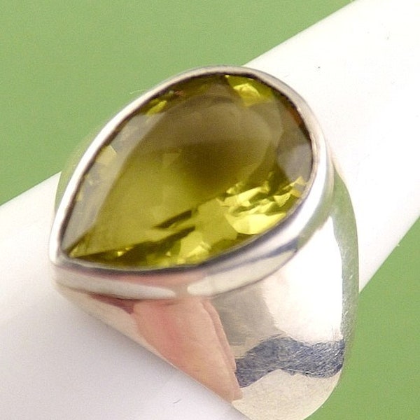 Bague quartz citron facettée forme goutte, quartz lemon , argent 925, f65.1