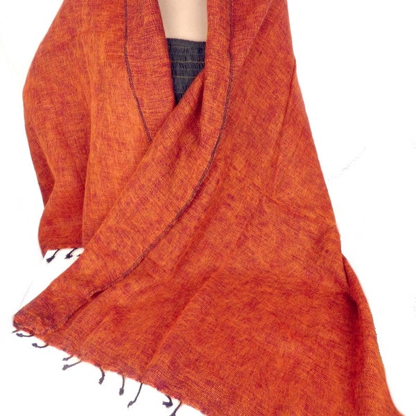 CHALE NEPALAIS ORANGE Rouille lumineux laine de yak, pashmina laine, plaid en laine, chale nepalais, etole, echarpe, cply139