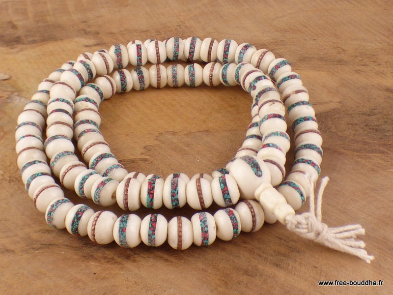 Mala de Prières Bouddhiste en Os Buffle Éclats Turquoise Corail, Malaosb