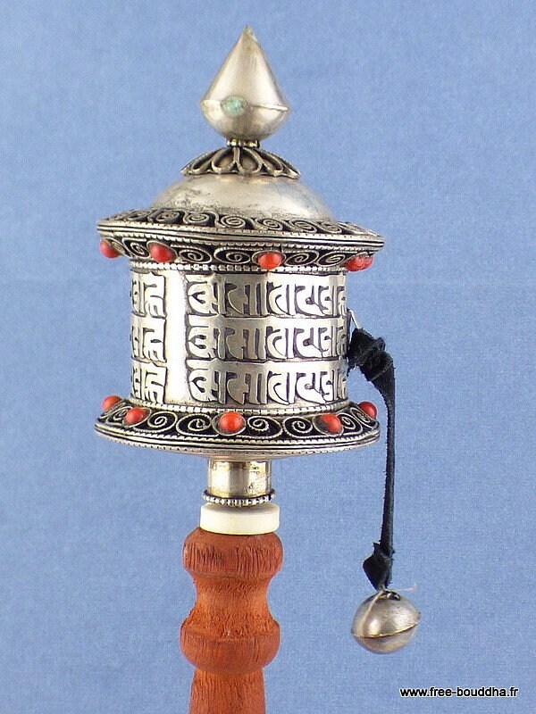 Moulin A Prieres Tibetain Bouddhiste Métal Blanc 26 cm, Fait Main, 6404.7