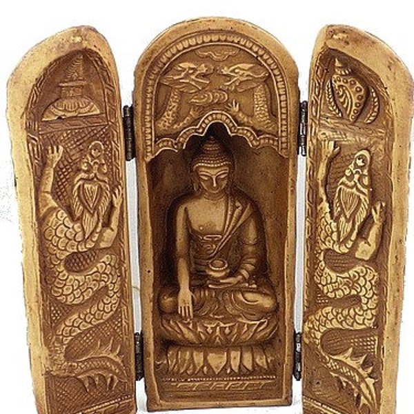 Autel temple portatif tryptique Bouddha, autel de voyage meditation rituel  statue portable TRYP2