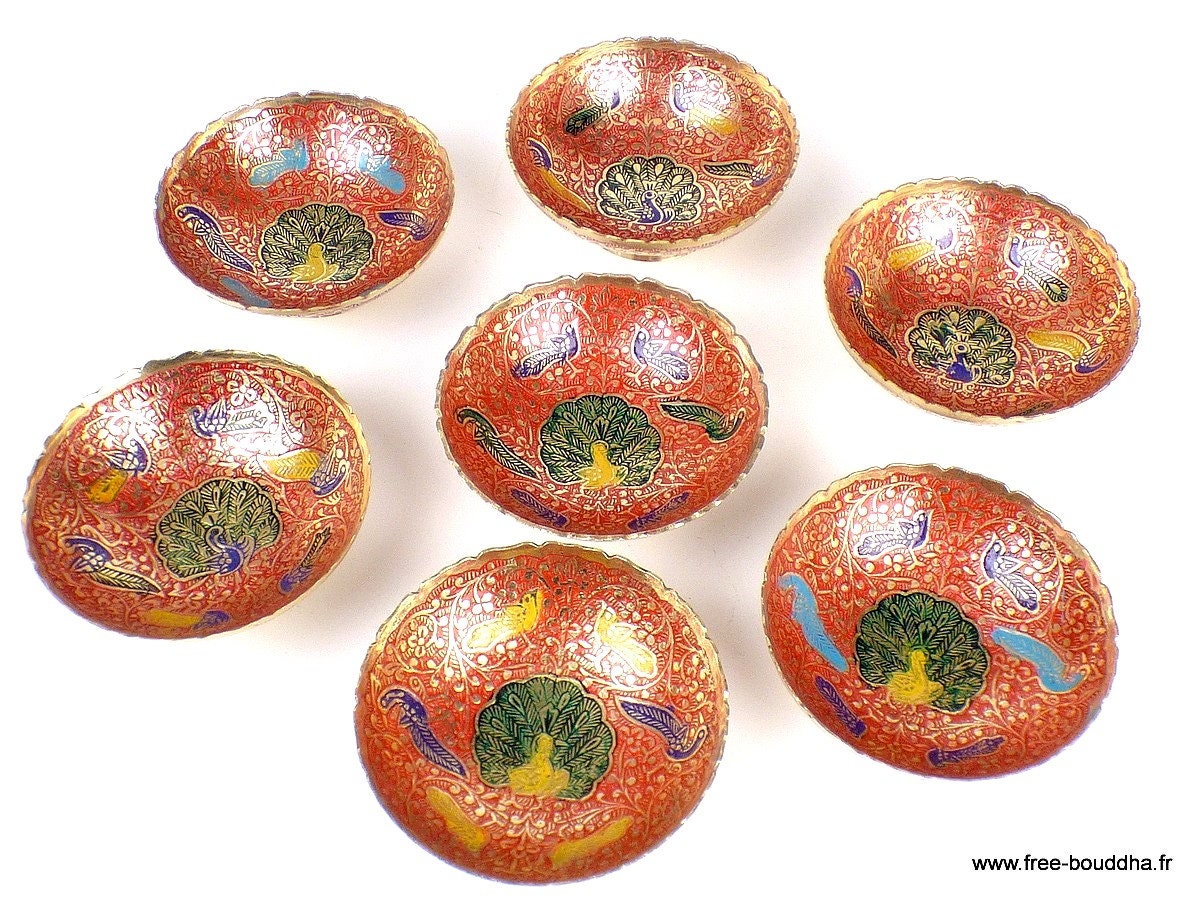 Bols d'offrandes Bouddhistes Laiton Style Émail Cloisonné Rouge, Bolem1