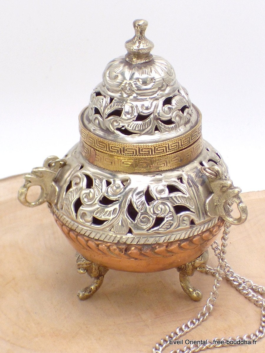 Bruleur et Porte-Encens Tibétain Style Oriental Cuivre Laiton, 4059Co