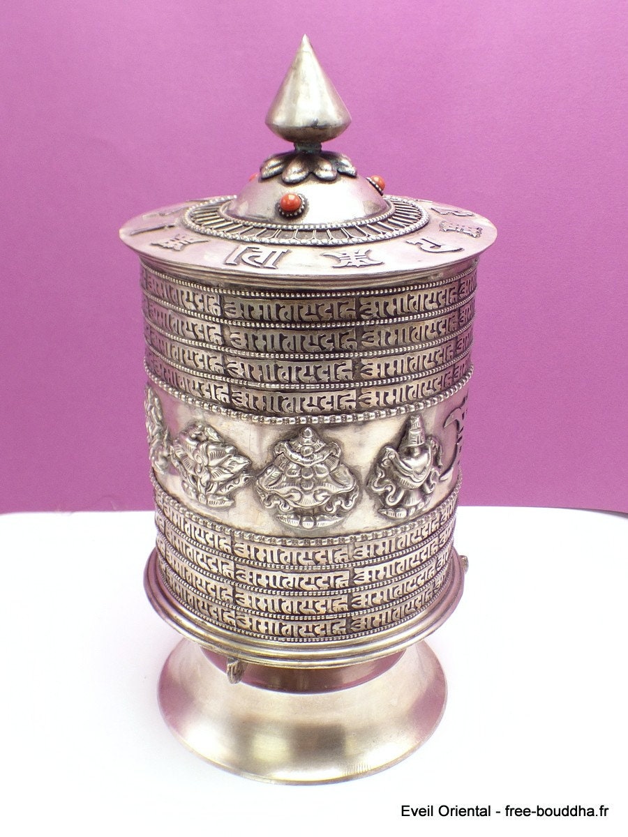 Exceptionnel Gros Moulin à Prières Plaqué Argent 26 cm, Gmap51