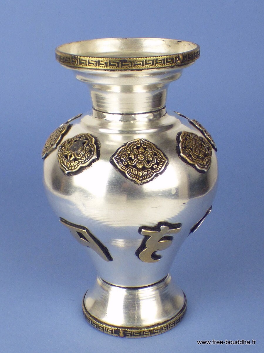 Vase Tibétain Bouddhiste Plaqué Argent et Motifs Laiton, Vas5