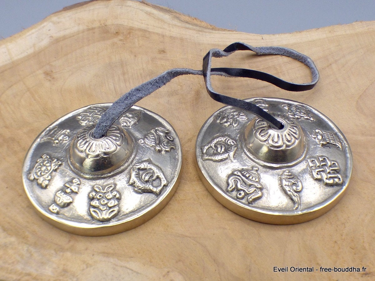 Tingshas Tibetaines Symboles Bouddhistes en Bronze 6, 5 cm Chenrezi, Tinghas Bouddhiste Ceremonie Te