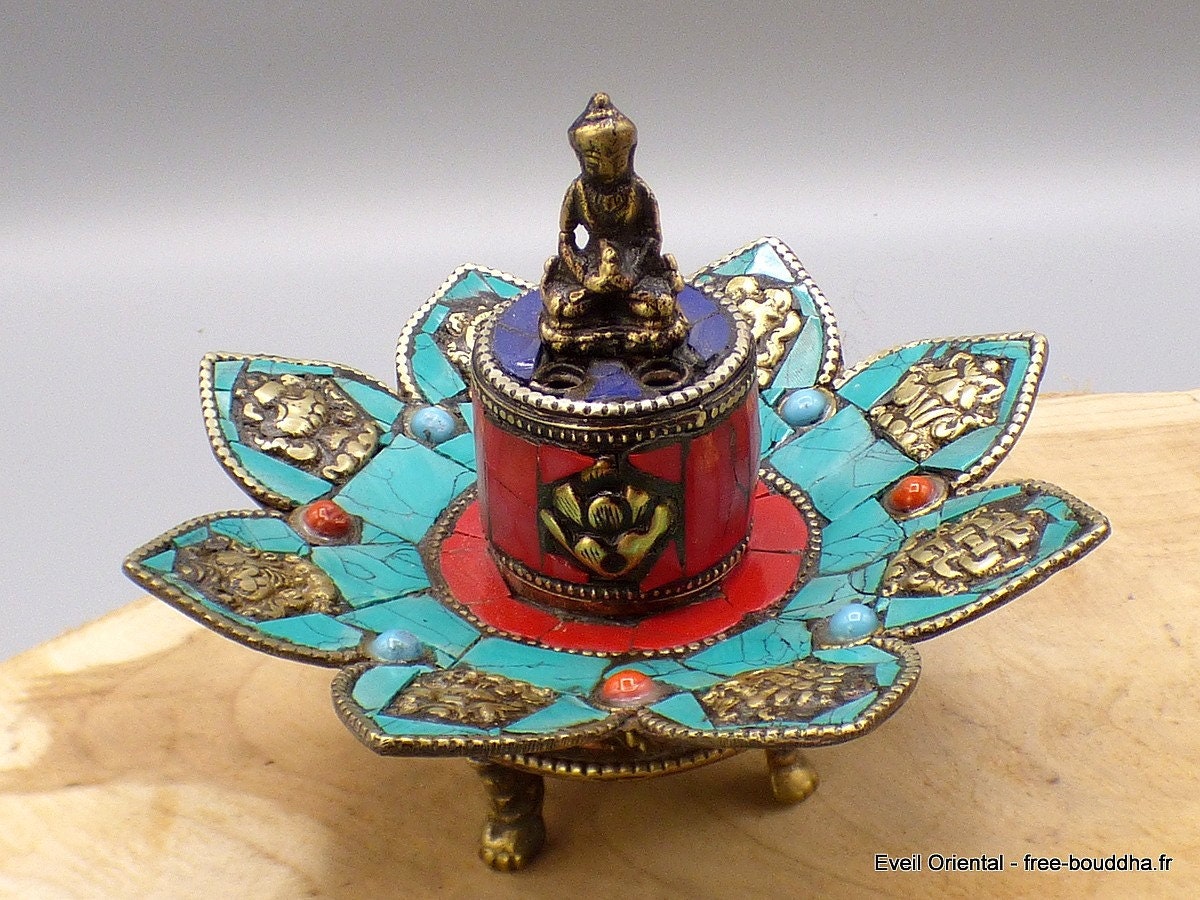 Porte Encens Tibétain Lotus en Cuivre et Turquoise Bouddha, 3034.1