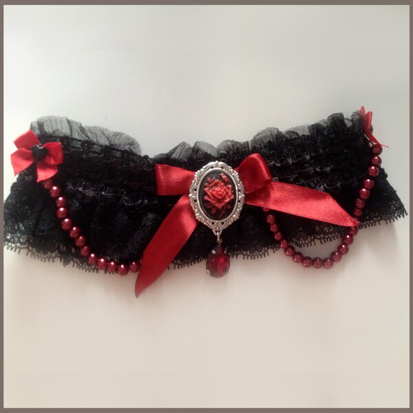 red and black lace garter, cameo pink, gothic, lolita, burlesque, baroque, rococo, victorian, renaissance