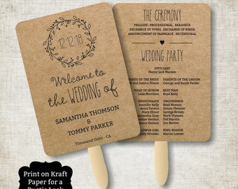 Wedding Program Fan template, Rustic Kraft Classic Wreath Foldable Wedding Program, Instant Download wedding program template