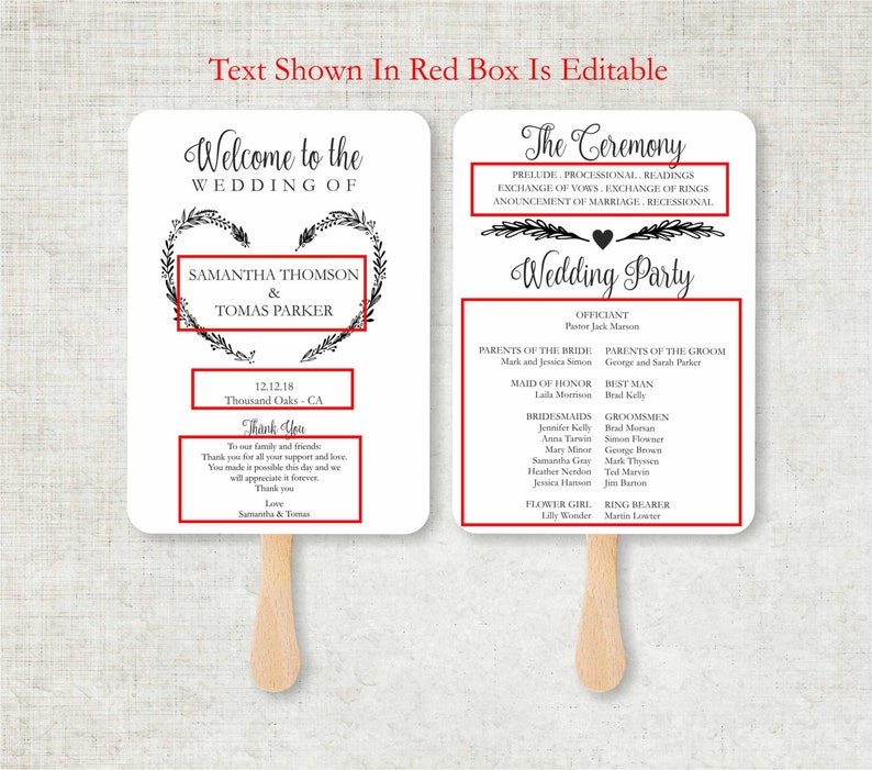 Vintage Wedding Program Fan template Rustic Kraft Heart Etsy
