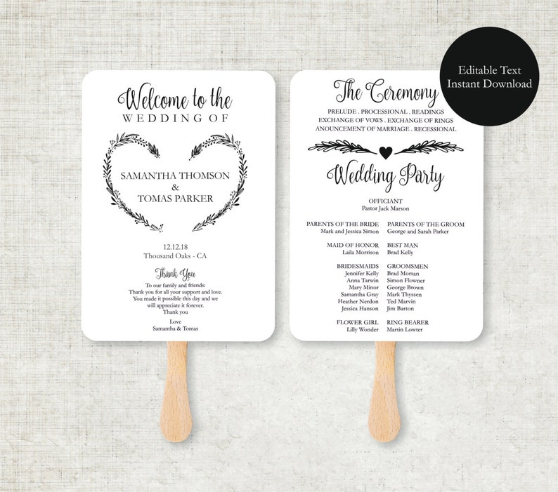 Vintage Wedding Program Fan template Rustic Kraft Heart Etsy