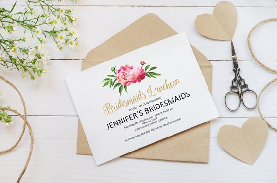 bridesmaids luncheon invitation template pink peonies etsy