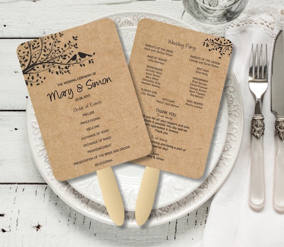 Editable Wedding Program Fan Template Rustic Kraft Birdie Etsy