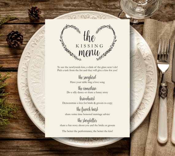 Kissing Menu Printable Wedding Kissing Menu Template Wedding Etsy