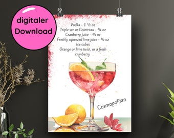 digitaler Download | Cosmopolitan | Cocktail Rezept für Poster | Cocktail Karte