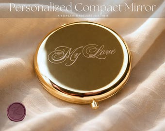 Personalized Gold Compact Mirror • Engraved Pocket Mirror, Bridesmaid Gift