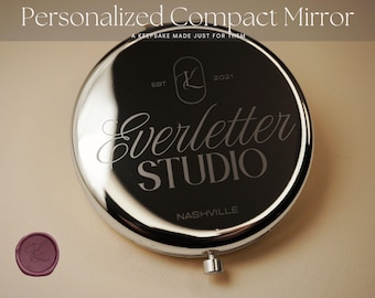 Custom Logo Compact Mirror – Silver – Engraved Wedding Crest, Brand Logo, or Personal Monogram